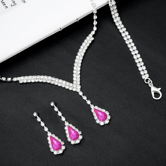 V-shape Crystal Wedding Jewelry Set for Women Bridal Necklace Earrings Bracelet - Picture 5 of 6